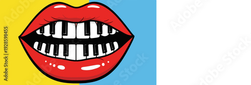 Pop Art Red Lips with Piano Keys as Teeth Vector Illustration