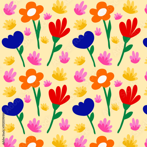 Colorful doodle flower seamless pattern with vibrant blossoms. Playful botanical design for fabric, children illustration, spring holidays.
