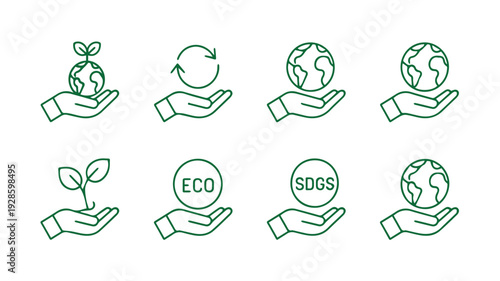 Green Line Icons Set Hands Holding Earth, Sprouting Plants, and Recycle Symbols Representing Environmental Protection and Global Sustainability Concepts