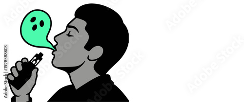 Profile view of a man with closed eyes exhaling light green vapor from a black vape device, isolated on white background