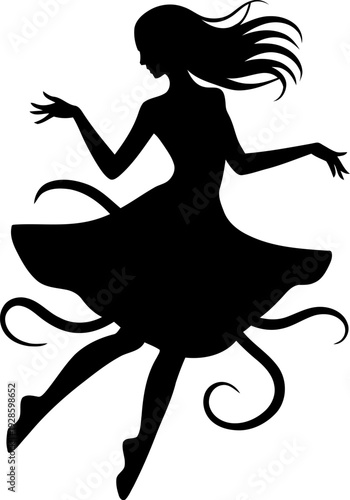 Curled ribbon strands dancer silhouette balanced lightly with flowing motion, macabre supernatural feminine figure for gothic merchandise design, haunting myth emblem, sharp stencil style silhouette