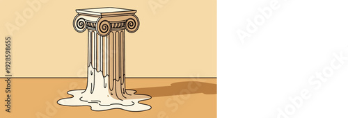 Cartoon style melting white ice cream dripping down a beige classical ionic column on a light brown floor with a shadow