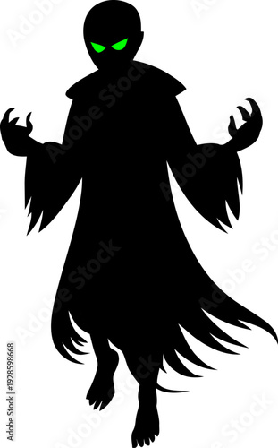 Emerald pupil hooded specter levitating with clawed fingers curled inward, sinister twilight being for Halloween merchandise design, occult folklore avatar, sharp contrast shadow illustration