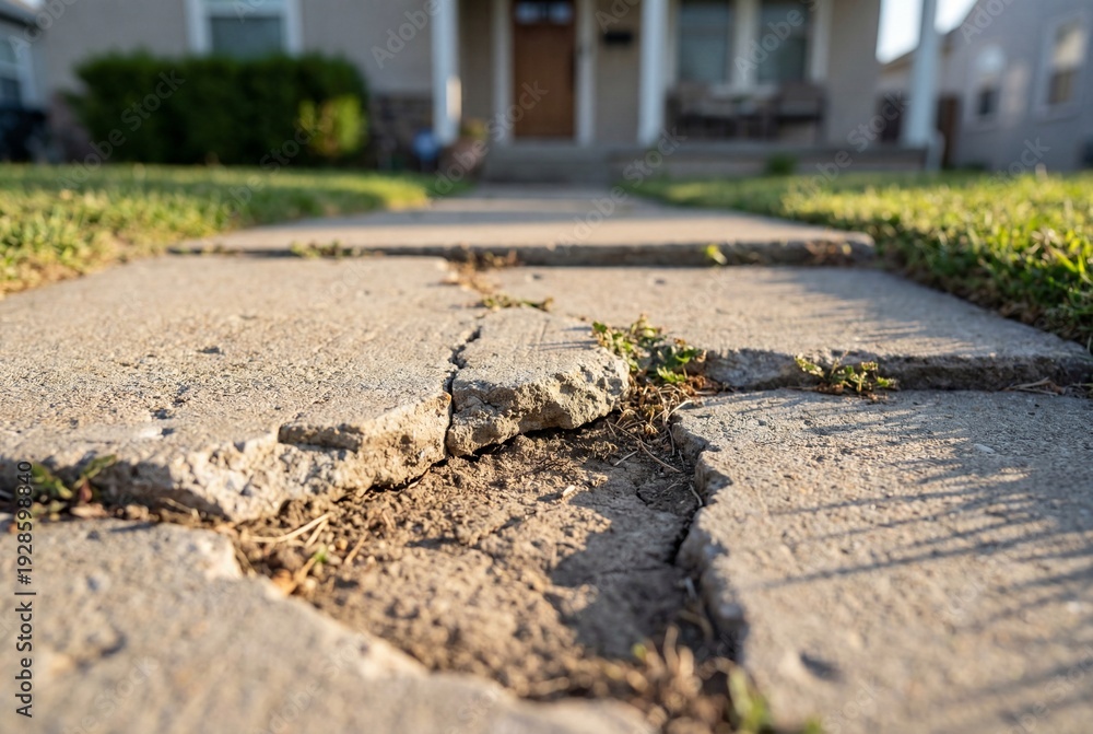 Fototapeta premium Severely cracked and broken concrete pathway leading towards a suburban house entrance