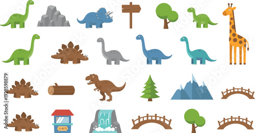 Cute Dinosaur Park Illustration Set with Prehistoric Animals, Trees, Mountains, Signs, and Landscape Elements for Kids Games and Vector Designs