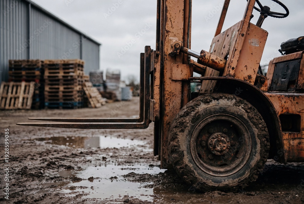 Fototapeta premium Old rusty orange forklift with muddy wheel at an industrial warehouse yard