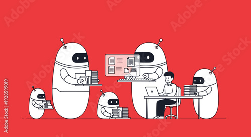 AI Robots Assisting Office Worker with Automation Workflow Concept