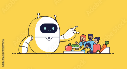 Friendly AI Robot Helping Family with Groceries and Daily Tasks Vector Illustration