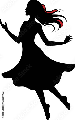 Scarlet streak hair dancer silhouette spinning gracefully with lifted palms, enchanting supernatural lady for fantasy merchandise branding, gothic fashion emblem, elegant black contour illustration