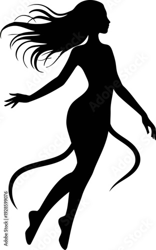 Flowing ribbon tail shadow woman drifting forward with windswept hair, mystical dark sorceress for Halloween design assets, supernatural folklore avatar, sleek ink style cutout graphic