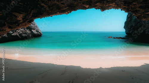A beautiful beach with a blue ocean and a cave in the background