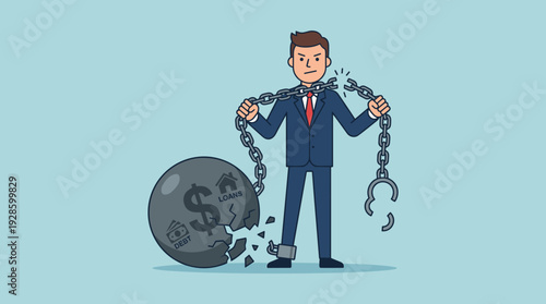 Businessman Breaking Chain of Debt Burden Ball and Shackles, Illustration of a Person Getting Free from Credits and Loans for Financial Freedom and Success, Flat Vector Concept of Liberation