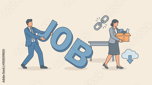 Businessman Desperately Holding Onto Giant Word Job While Office Worker Walks Away with Box After Being Fired, Unemployment and Career Crisis Concept, Layoff and Job Loss Vector Illustration