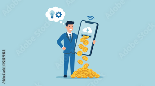 Businessman earning money from a smartphone with gold coins flowing out of the screen slot into a pile, concept of mobile app monetization, digital business success, fintech, and passive income.