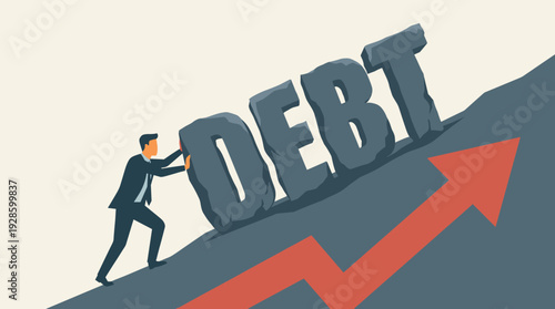 Businessman Pushing Massive Stone Debt Word Up Hill with Rising Red Arrow, Conceptual Vector Illustration for Financial Burden, Economic Crisis, Bankruptcy, Credit, and Loan Management Struggle.