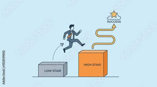 Businessman jumping from a low stair to a high stair, representing career growth, ambition, and the path to success. Flat vector illustration of a professional man taking a leap to reach his goals.