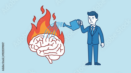 Businessman using watering can to extinguish fire on burning human brain, psychological therapy and mental health support concept, stress management, burnout prevention, emotional regulation