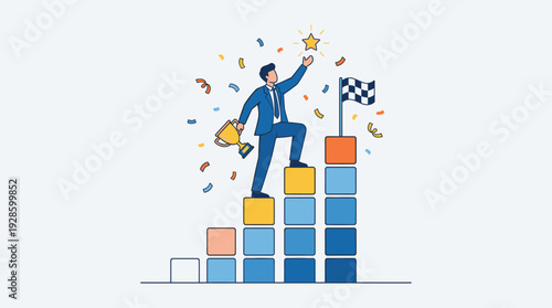 Businessman climbing bar chart to reach star and checkered flag while holding gold trophy. Concept of business success, career growth, achieving goals, winning challenges, and leadership.