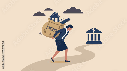 Businesswoman Carrying Heavy Burden of Debt with House and Car Towards Broken Bank, Financial Crisis, Mortgage and Loan Struggle, Bankruptcy and Economic Stress Concept, Flat Vector Illustration