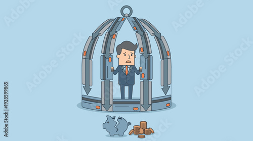 Businessman Trapped in a Credit Card Cage Representing Financial Debt and Crisis with a Broken Piggy Bank and Coins, Concept of Bankruptcy, Overspending, and Economic Hardship Vector Illustration