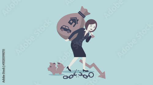 Businesswoman Carrying Heavy Burden of Mortgage and Car Loan Debts, Concept of Financial Crisis, Bankruptcy, and Economic Struggle with Broken Piggy Bank and Downward Arrow Vector Illustration.