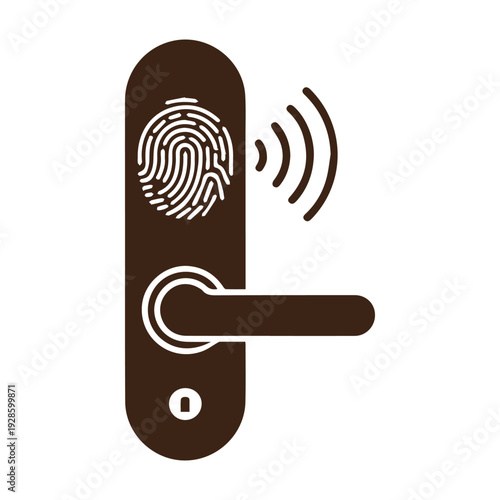 Dark brown smart door handle with white fingerprint scanner and wireless signal icon, isolated on white background