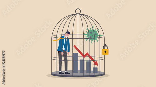 Businessman Trapped in Birdcage with Declining Stock Market Graph and Virus Pathogen, Symbolizing Economic Recession, Business Lockdown, and Financial Crisis During a Global Pandemic Crisis
