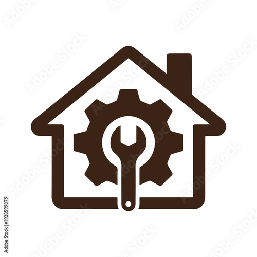 Dark brown house outline with a gear and a wrench inside, representing home repair or maintenance, isolated on white background