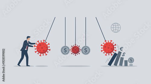 Businessman pushing a coronavirus Newton's cradle causing a domino effect on global financial markets and charts, symbolizing the COVID-19 pandemic impact on world economy and recession risk.