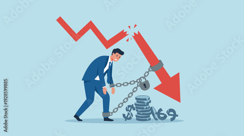Economic Collapse Concept with Sad Businessman Chained to a Falling Red Arrow Graph and Broken Coins, Representing Financial Crisis, Market Crash, Bankruptcy, Debt, and Global Recession.