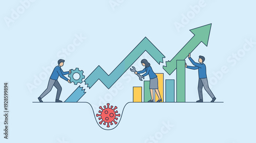 Economic Recovery and Business Growth After COVID-19 Pandemic Crisis Concept with Team of Professionals Repairing Broken Financial Graph Arrow and Bar Chart to Restore Market Success and Stability