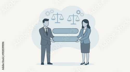 Workplace equality concept with businessman and businesswoman holding an equals sign, representing fair job opportunities, gender balance, diversity, and justice in a corporate environment.