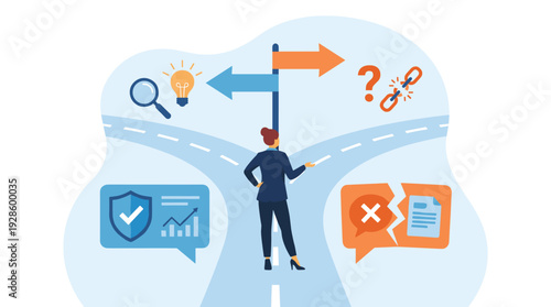 Businesswoman at Crossroads Choosing Between Myths and Facts. Concept of Information Accuracy, Data Verification, and Strategic Decision Making with Directional Signs and Business Icons.