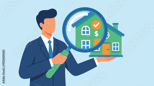 Professional realtor or appraiser holding a home model and using a magnifying glass to inspect value, price, and quality for real estate agency, investment, and property appraisal concept.