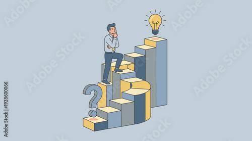 Businessman climbing a winding staircase from a question mark to a glowing light bulb, representing problem solving, finding creative solutions, innovation, logic, and professional growth.