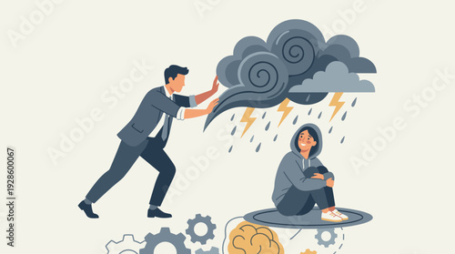 Mental health support and psychological therapy session concept. Professional therapist helping a woman fight stress, depression, and emotional burnout by pushing away dark storm clouds. Vector.