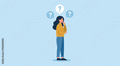 Pensive Woman Thinking with Question Marks Above Her Head, Female Character in Thoughtful Pose Making a Decision or Solving a Problem, Flat Vector Illustration for Business and Education Concepts