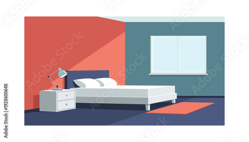 Modern bedroom interior with vibrant color scheme and minimalist decor
