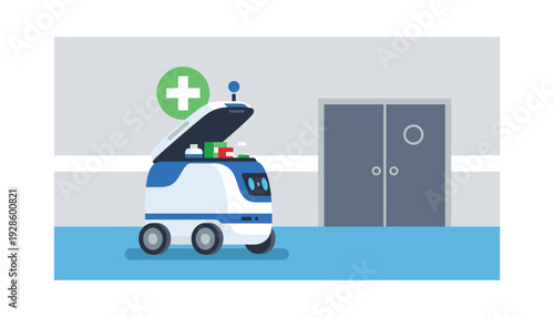 Cute robot delivering medical supplies in hospital setting with cross symbol