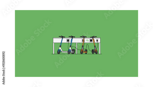 Electric scooters charging at modern station with green background