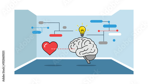 Creative mind with heart and lightbulb moment in modern brain