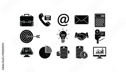 Business icons for finance, communication, and productivity needs