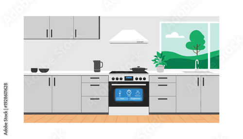 Modern kitchen interior with smart oven and nature view