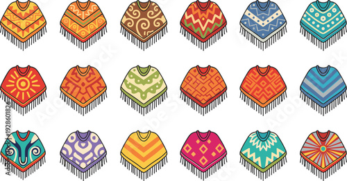 Colorful Poncho Clothing Illustration Set with Traditional Ethnic Patterns, Woven Textiles, and Folk Fashion Garments for Vector Design Projects