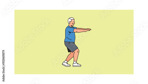 Senior man doing stretching exercises in a lively yellow space