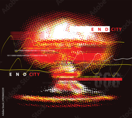 Vector bloody pixel nuclear mushroom cloud  with halftone effect on black background. Suitable for anti-war posters dedicated to nuclear war and environmental pollution. T-shirt design. No AI