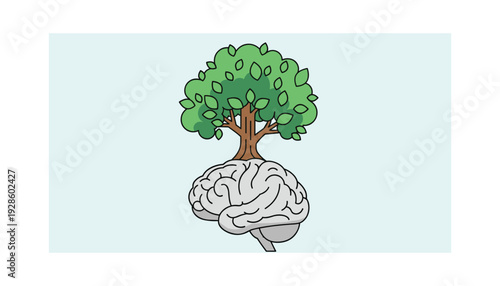 Tree growing out of a brain symbolizing growth and knowledge