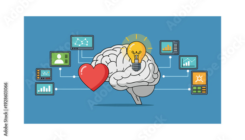 Innovative business concept with brain and heart connected to digital devices