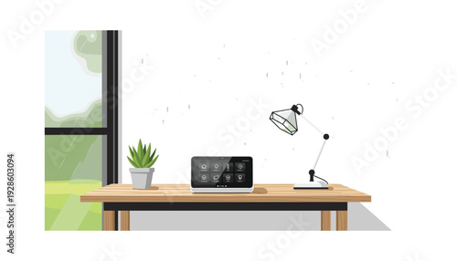 Modern home office setup with smart home device and desk lamp