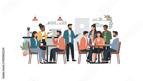 Group of professionals networking in modern coffee shop